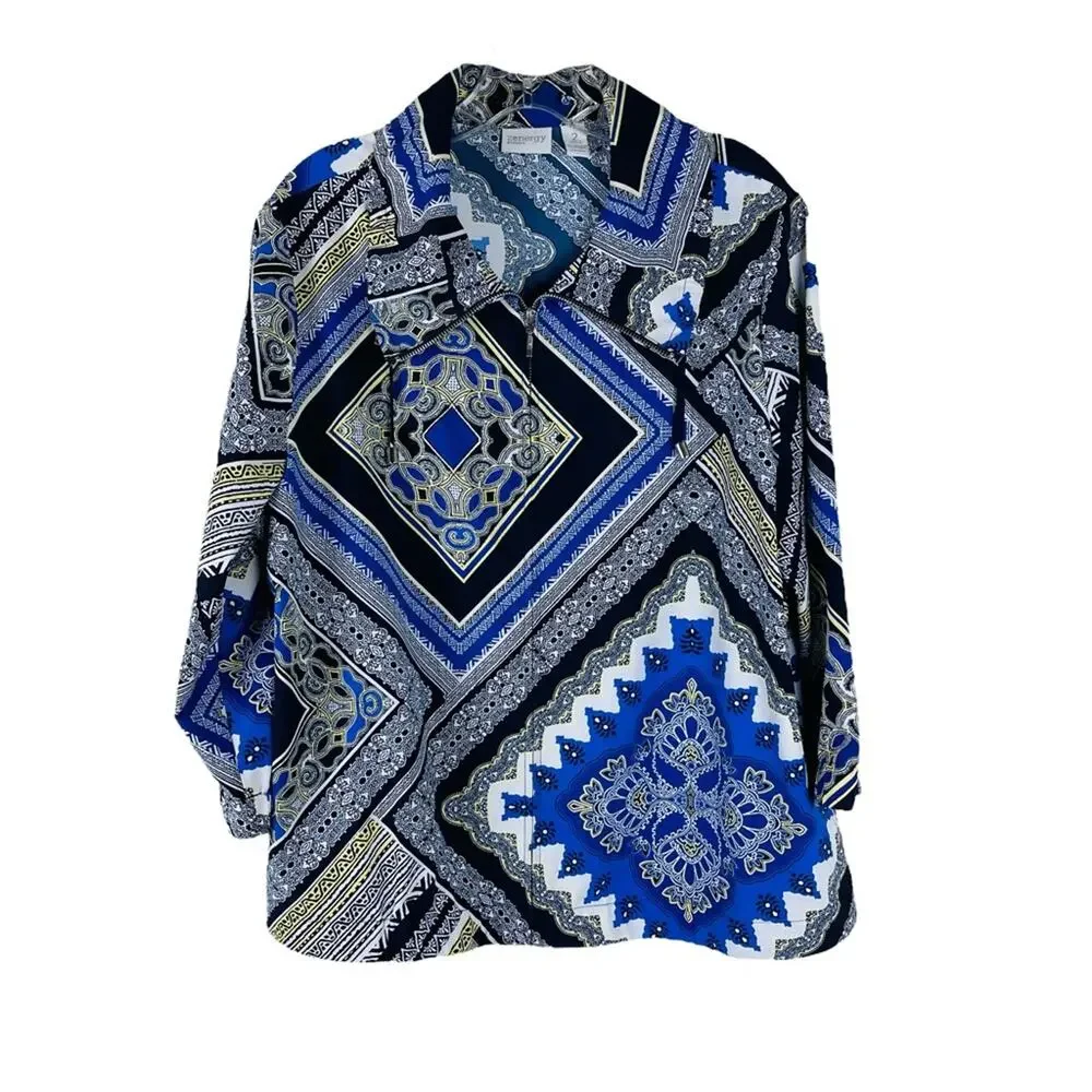 Chico’s blue white floral full zip lightweight windbreaker active jacket large